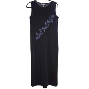 Vintage 90s Y2K Black Velvet Dress Floral Design Midi Maxi Long Whimsigoth Fairy
